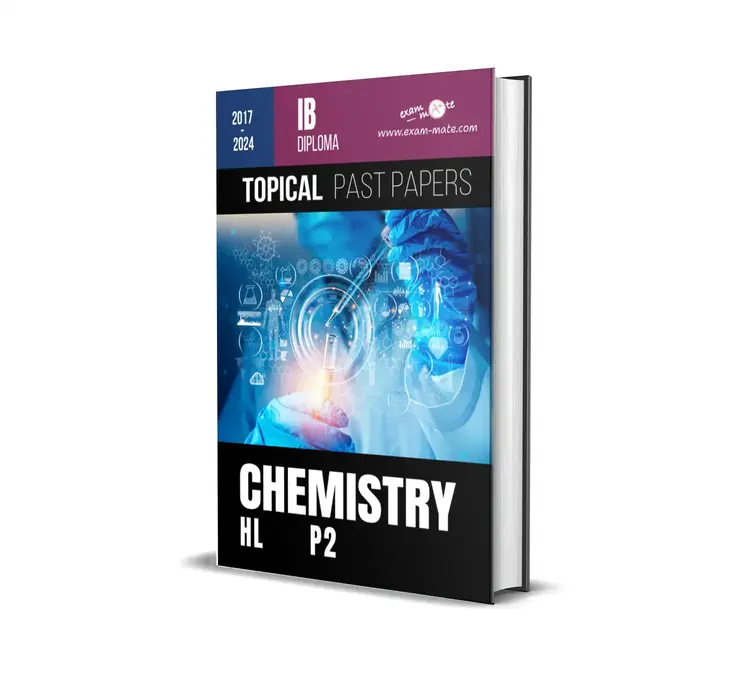 Cover of the "Topical Past Papers: IB Diploma Chemistry HL" book, featuring exam-style questions organized by topic.