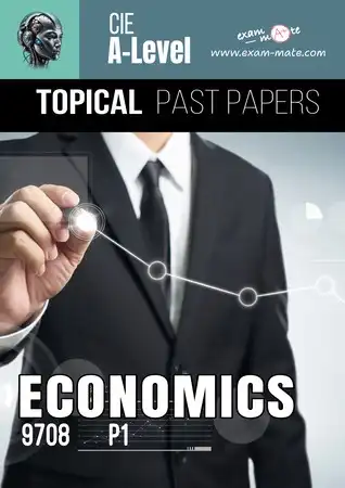 Cover of the "Topical Past Papers: Economics 9708 P1" book, featuring exam-style questions organized by topic.